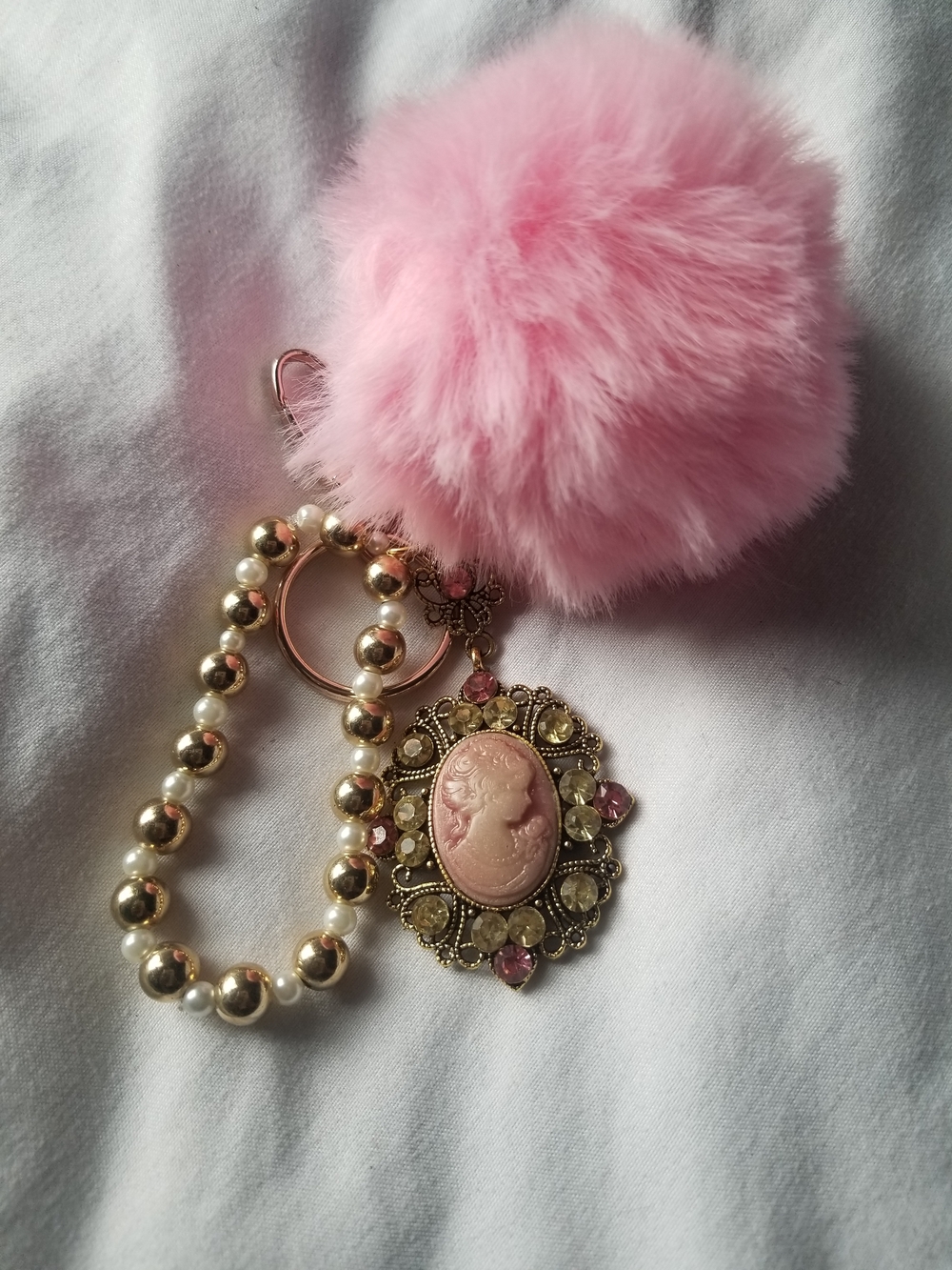 Pink Vintage-Style Brooch Charm with Pom Pom and Pearl Beaded Loop Keychain